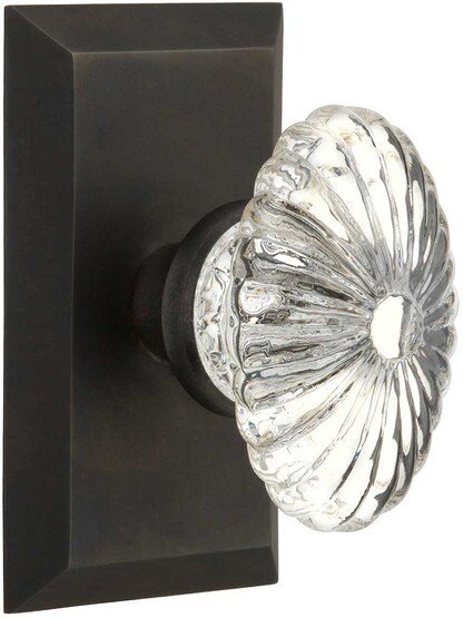 New York Rosette Door Set with Oval Fluted-Crystal Glass Knobs in Oil-Rubbed Bronze.